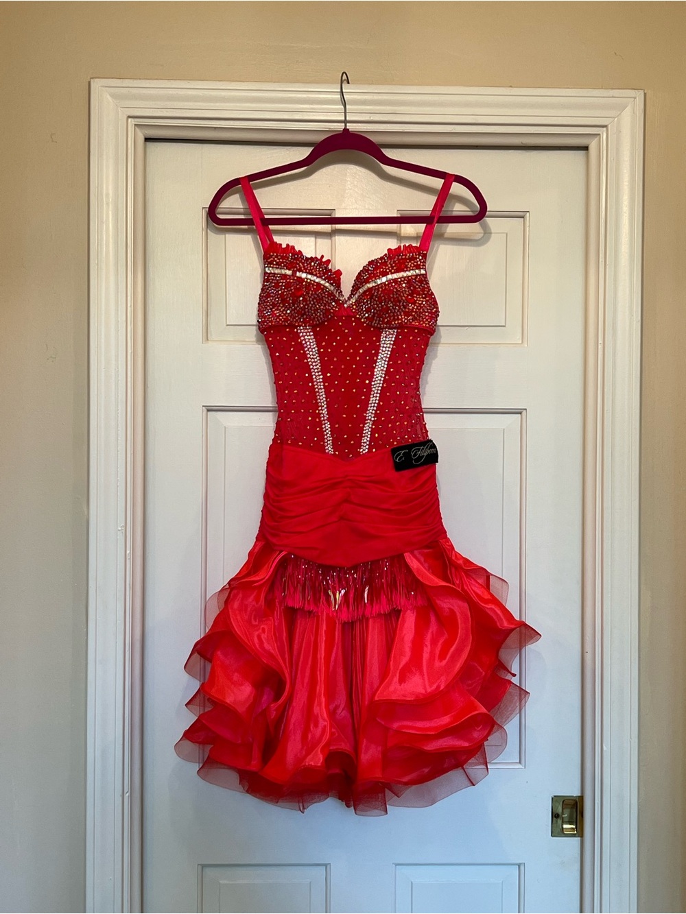 Red Beaded Ruffle Latin Dance Dress - Custom made